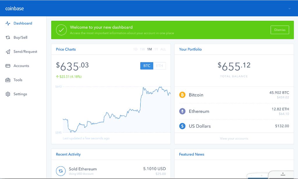 Review of Coinbase dashboard