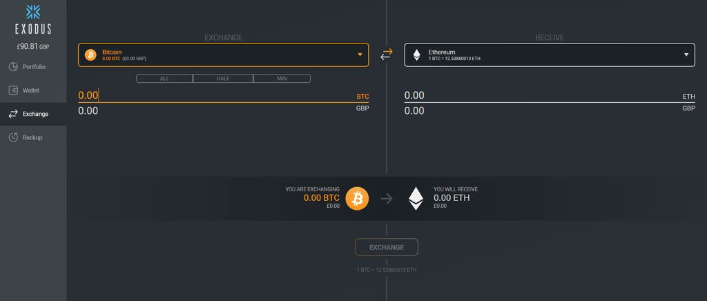 Análise da Exodus: trocando Bitcoin e Ethereum.
