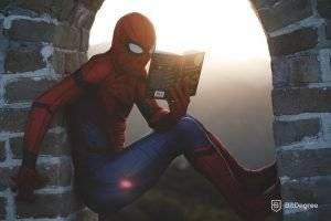 spider-man learning on the wall