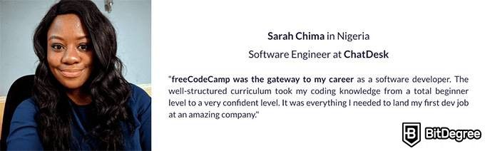 freeCodeCamp review: a user testimonial about the quality of freeCodeCamp tutorials.