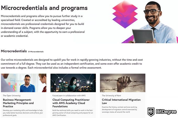 Análise do FutureLearn: Microcredentials e programas.